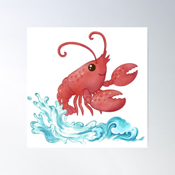 Cheerful Red Lobster Emerging From Stylized Blue Waves Poster Wall Art, Modern Wall Decor For Living Room Bedroom, 30x30 UNFRAMED