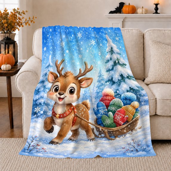 Cheerful Reindeer Pulling Knit Hat Sled Snowy Pine, Festive Holiday Scene, Warm Flannel Blanket for Cabin and Lodge, Art Lovers Christmas Gift, Celestial Home Decor