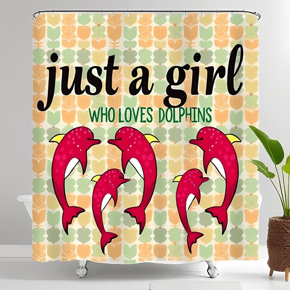 Cheerful Retro Shower Curtain - "Just a Girl Who Loves Dolphins" with Floral Design