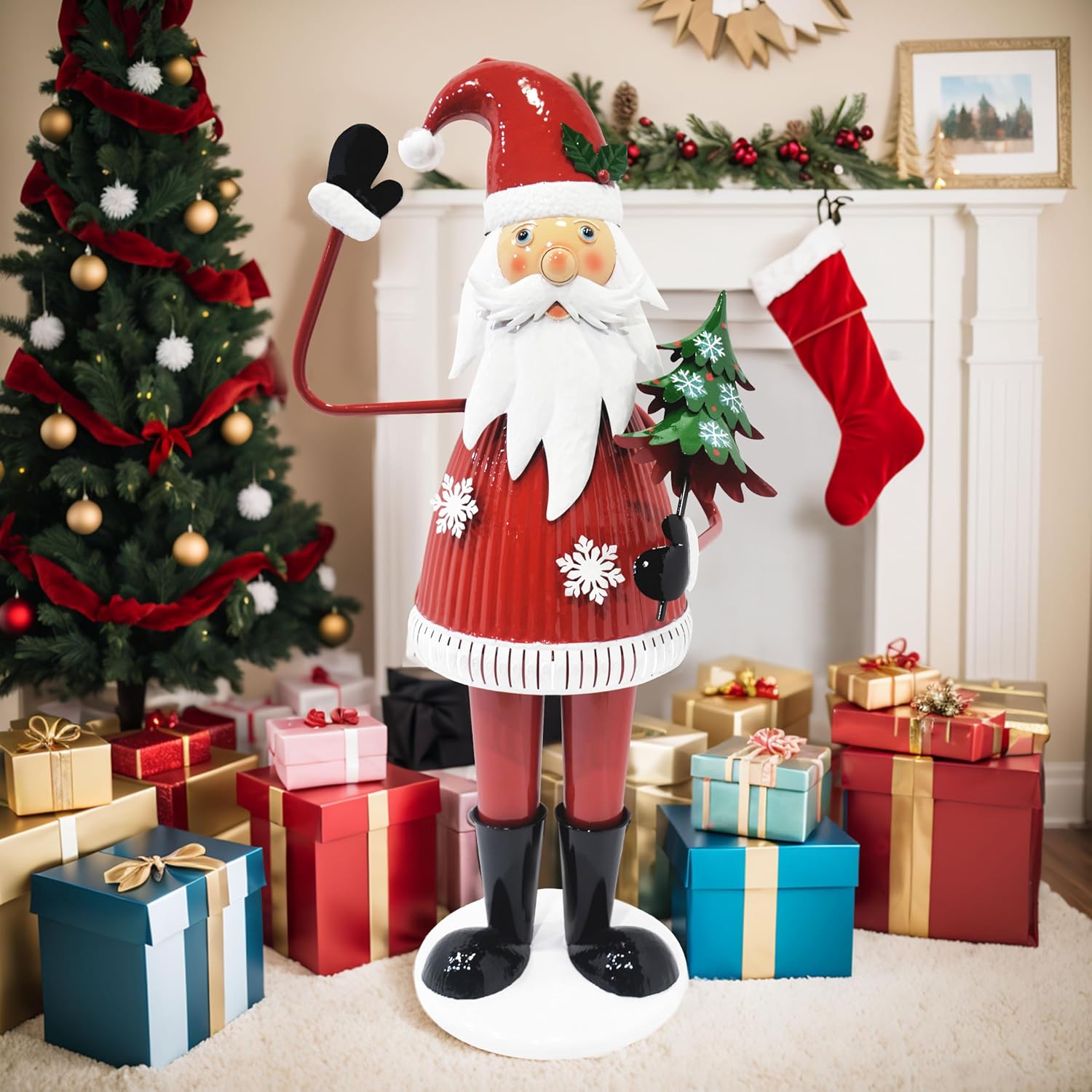 Cheerful Santa Claus Holding Tree and Waving, Santa Claus Decorative