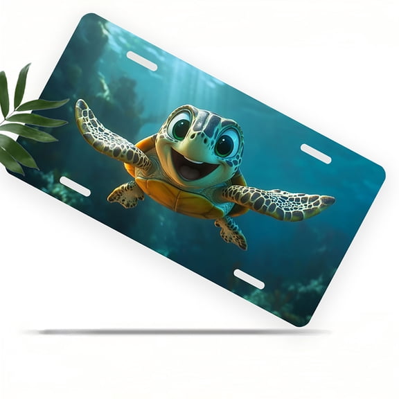 Cheerful Sea Turtle Front License Plate, Metal License Plate, Funny Standard Plates Personalized Novelty Decorative For Men/Women/Boys/Girls Car 6×12 Inch