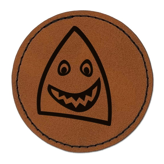 Cheerful Shark Face 2.5" Faux Leather Round Engraved Iron-On Patch - Brown