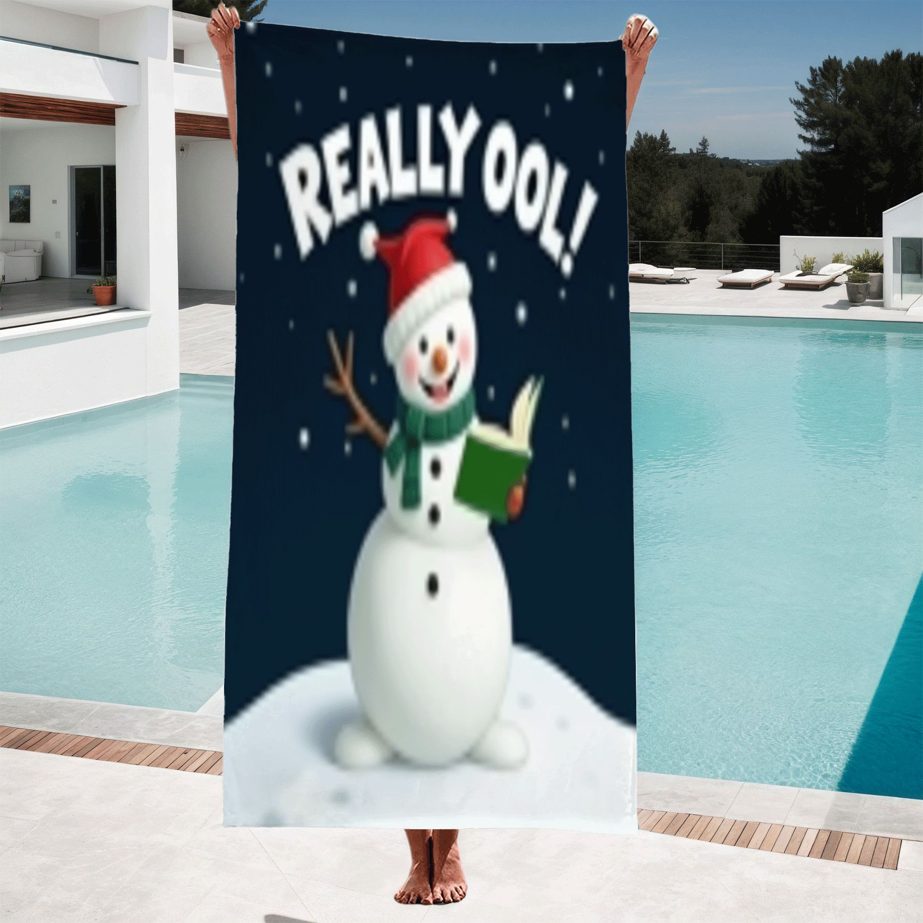 Cheerful Snowman Beach Towel - Festive Santa Hat & Green Scarf Design ...