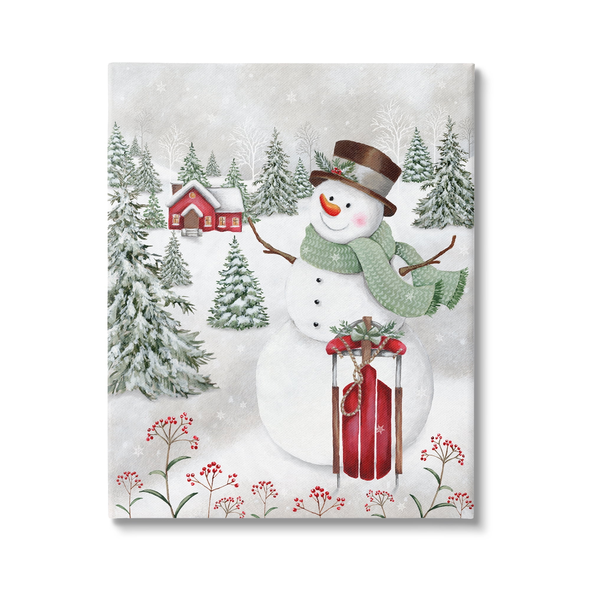 Cheerful Snowman Red Sleigh Sled Holly Botanicals Landscape Painting Gallery-Wrapped Canvas Print Wall Art