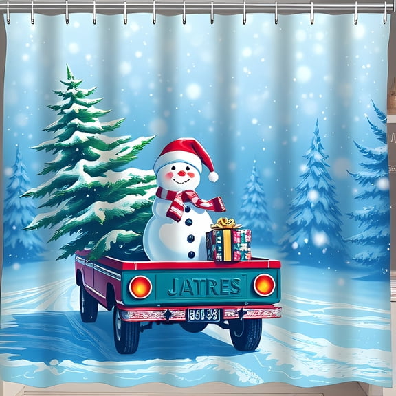 Cheerful Snowman Vintage Truck Shower Curtain - Festive Christmas Decor for Your Bathroom
