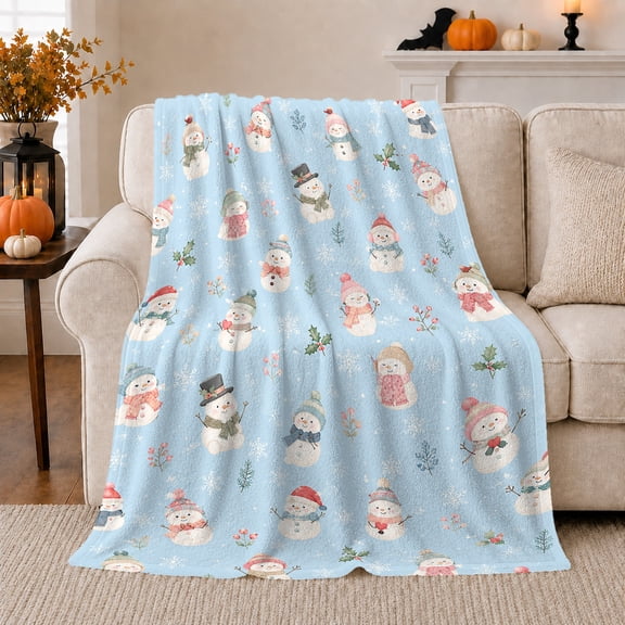 Cheerful Snowman Winter Scene Watercolor Style, Festive Holiday Scene, Warm Flannel Blanket for Living Room and Family Room, Art Lovers Christmas Gift, Festive Home Decor