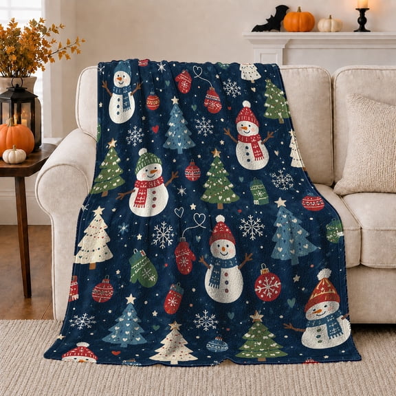 Cheerful Snowmen Christmas Trees Dark Blue Holiday, Festive Holiday Scene, Warm Flannel Blanket for Living Room and Family Room, Art Lovers Christmas Gift, Festive Home Decor