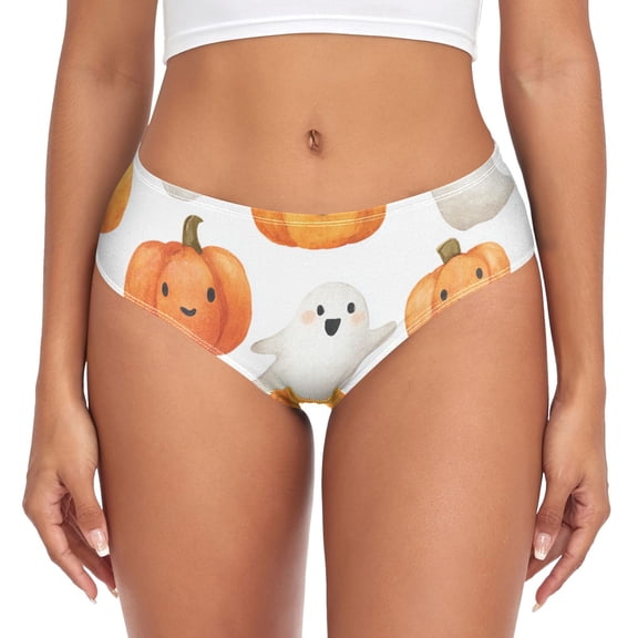 Cheerful Specters Pumpkins Watercolor Halloween Women's Underwear Ladies' Mid Waist Panties Bikini Bottom Briefs Viscose Bamboo L