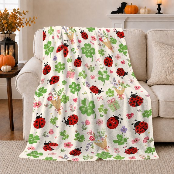 Cheerful Spring Garden Ladybugs Four-Leaf Clovers, Playful Botanical Garden Scene, Warm Flannel Blanket for Sunroom and Reading Nook, Garden Lovers Housewarming Gift, Playful Home Decor