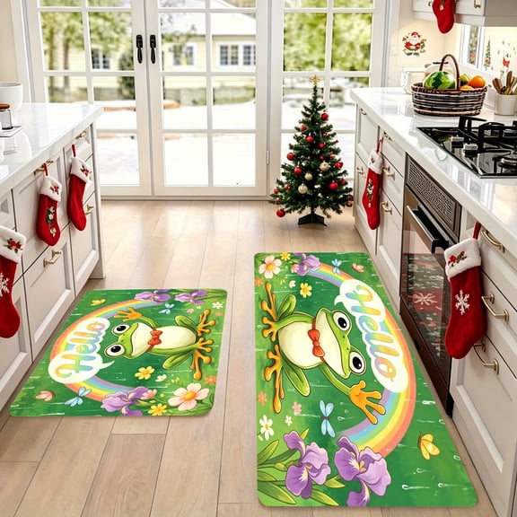 Cheerful Spring Rainbow Frog Hello Doormat, Porch Living Room Holiday Party Home Decor, Thanksgiving Christmas Gift