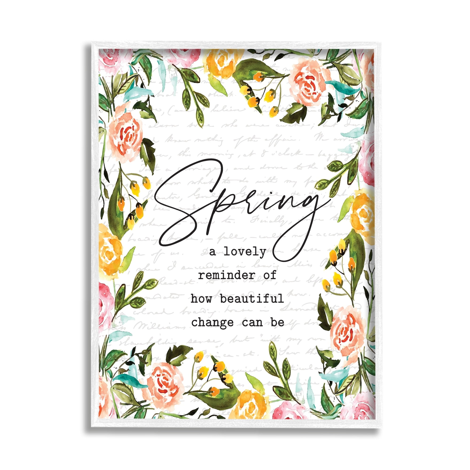 Cheerful Spring Typography Quote Floral Blossom Border White Framed Giclee Art, 24 x 30, Made In USA