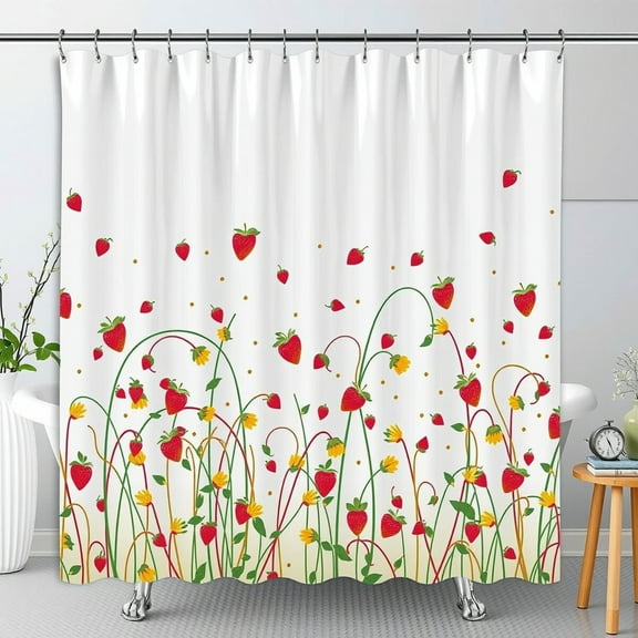 Cheerful Strawberry Pattern Shower Curtain with Polka Dots - Easy to Clean Whimsical Bathroom Decor