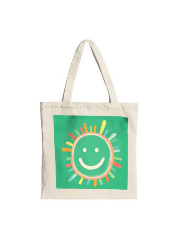 Cheerful Sun Canvas Tote Bag - Bright Green Background Smiling Sun Illustration Perfect for Shopping Travel & Parties