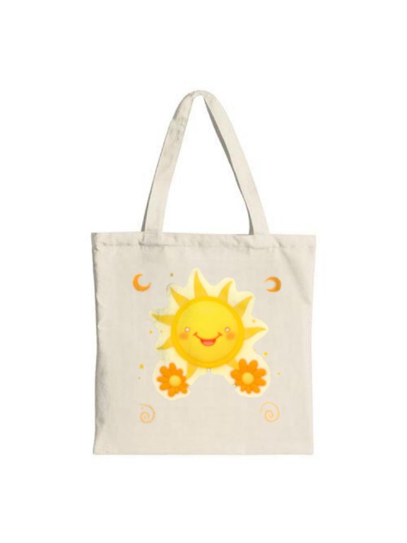 Cheerful Sun Tote Bag - Smiling sun with radiant surrounded by flowers and crescents Perfect for shopping travel and parties