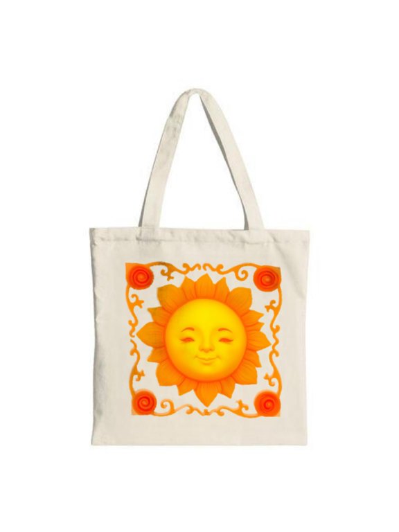 Cheerful Sun Tote Bag - Vibrant Square Design with Smiling Sun Orange Swirls & Flowers Perfect for Shopping Travel & Parties