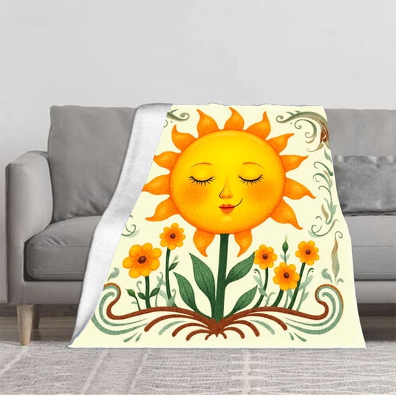 Cheerful Sun & Vibrant Floral Design Flannel Blanket - Soft Cozy Durable for Sofa Travel Bed & Chair - Whimsical Comfort