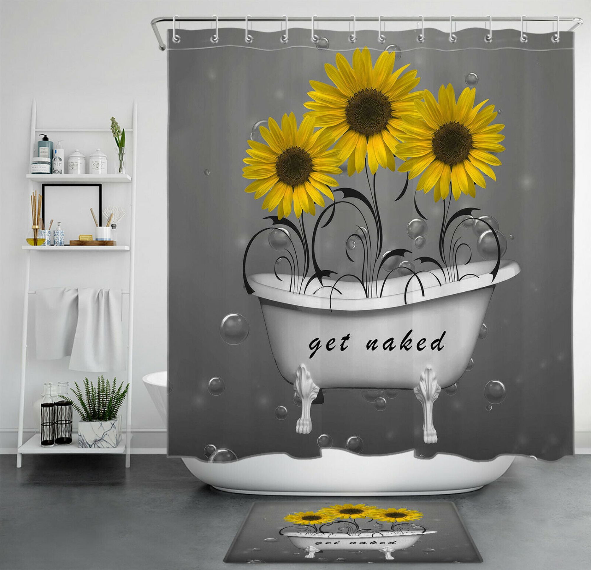 Cheerful Sunflower Shower Curtain Set with Whimsical Bathtub Plant