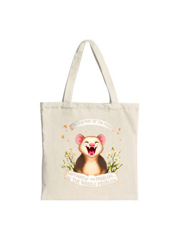 Cheerful Tote Bag - Smiling Mouse Surrounded by Flowers ' Don ' t Be Part of the Puppet ' Banner Perfect for Shopping & Travel