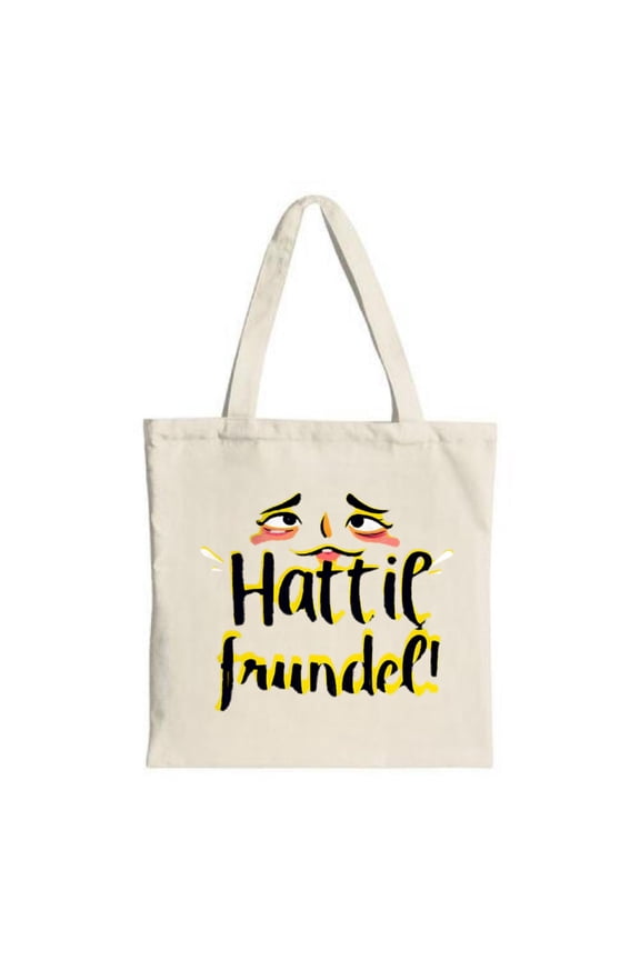 Cheerful Tote Bag with Smiling Face & ' Hattie frundeli ' Text - Stylish Canvas Bag for Shopping Travel & Parties
