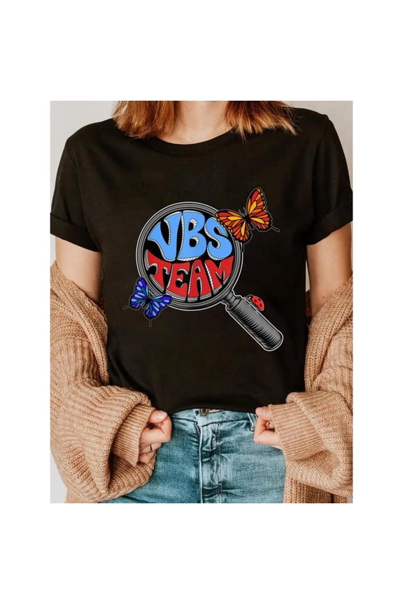 Cheerful VBS Team Themed Graphic Tee, Tops Has "VBS TEAM" & Magnifying Glass + Butterflies + Ladybug Design, Round Neck Regular Fit T - shirts, Size(S - 5XL)