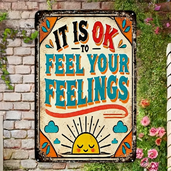 Cheerful Vibes Vintage-Style Metal Sign It Is OK to Feel Your Feelings - 8x12 Inch Colorful Inspirational Quote Wall Art, Rainbow and Sun Motifs, Ideal for Classroom Decor and Emotional Expression