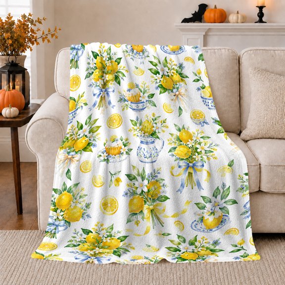 Cheerful Watercolor Lemon Bouquets White, Cozy Friendship Quote Scene, Warm Flannel Blanket for Living Room and Reading Nook, Art Lovers Friendship Gift, Artistic Home Decor
