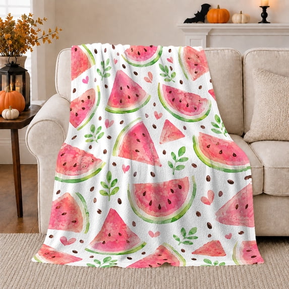 Cheerful Watermelon Slice Pattern Hearts Leaves Watercolor Style, Playful Artistic Scene, Warm Flannel Blanket for Living Room and Bedroom, Art Lovers Valentine's Day Gift, Playful Home Decor