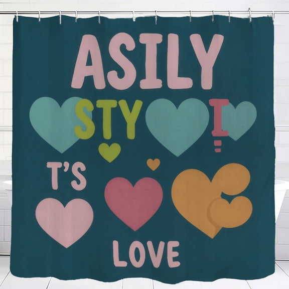 Cheerful Waterproof Fabric Shower Curtain Dark Teal with Colorful ' ASILY STY I LOVE T ' S LOVE ' Text & Hearts 70.8" x 70.8"