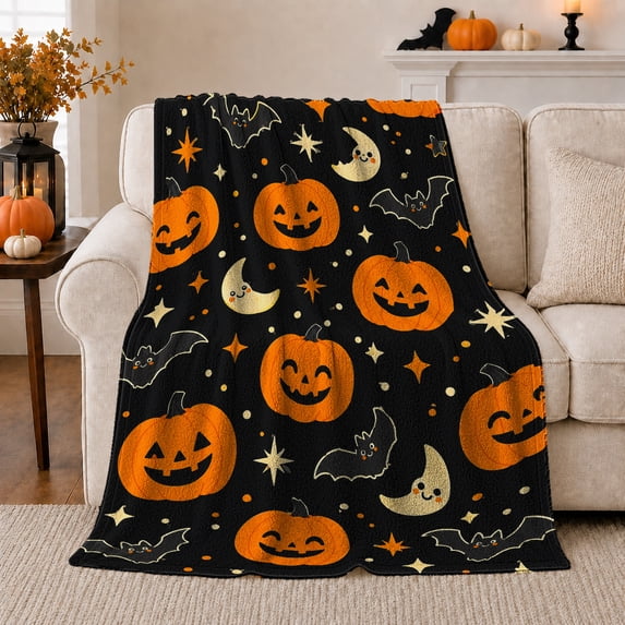 Cheerful Whimsical Halloween Pattern Pumpkins Bats Moons, Festive Halloween Scene, Warm Flannel Blanket for Living Room and Family Room, Art Lovers Halloween Gift, Festive Home Decor