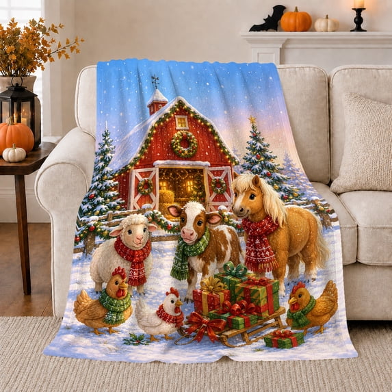 Cheerful Winter Farmyard Christmas Scene, Festive Holiday Scene, Warm Flannel Blanket for Ranch House and Living Room, Horse Lovers Christmas Gift, Rustic Home Decor