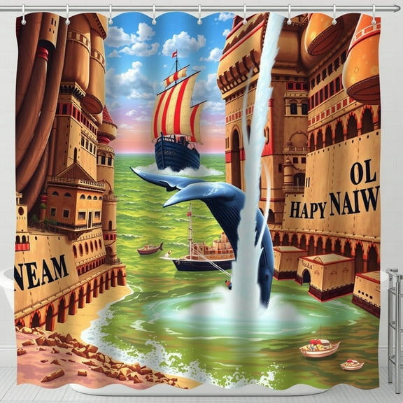 Cheerful Winter Scene Shower Curtain with Snowman Snowflakes and Cozy Mountain Landscape