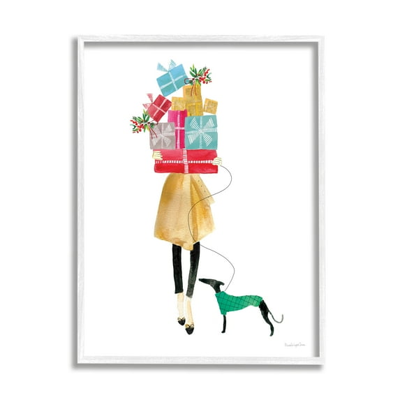 Cheerful Woman Holding Various Holiday Gifts & Dog Animals & Insects Painting Framed Art Print Wall Art