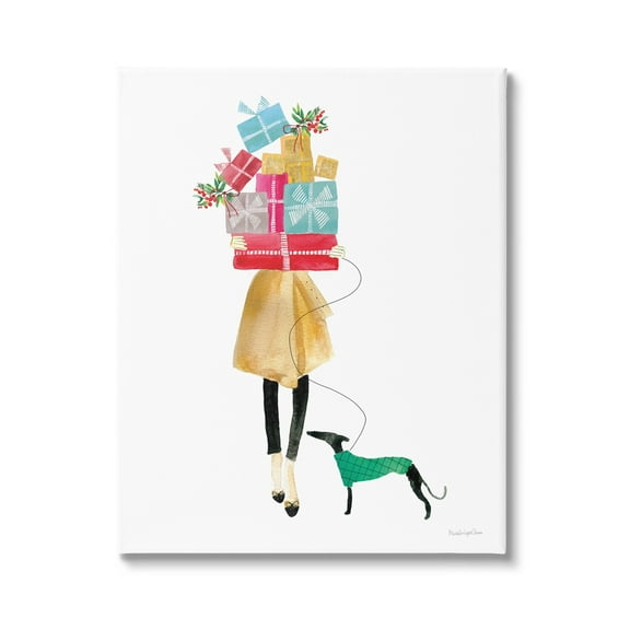Cheerful Woman Holding Various Holiday Gifts & Dog Animals & Insects Painting Gallery-Wrapped Canvas Print Wall Art