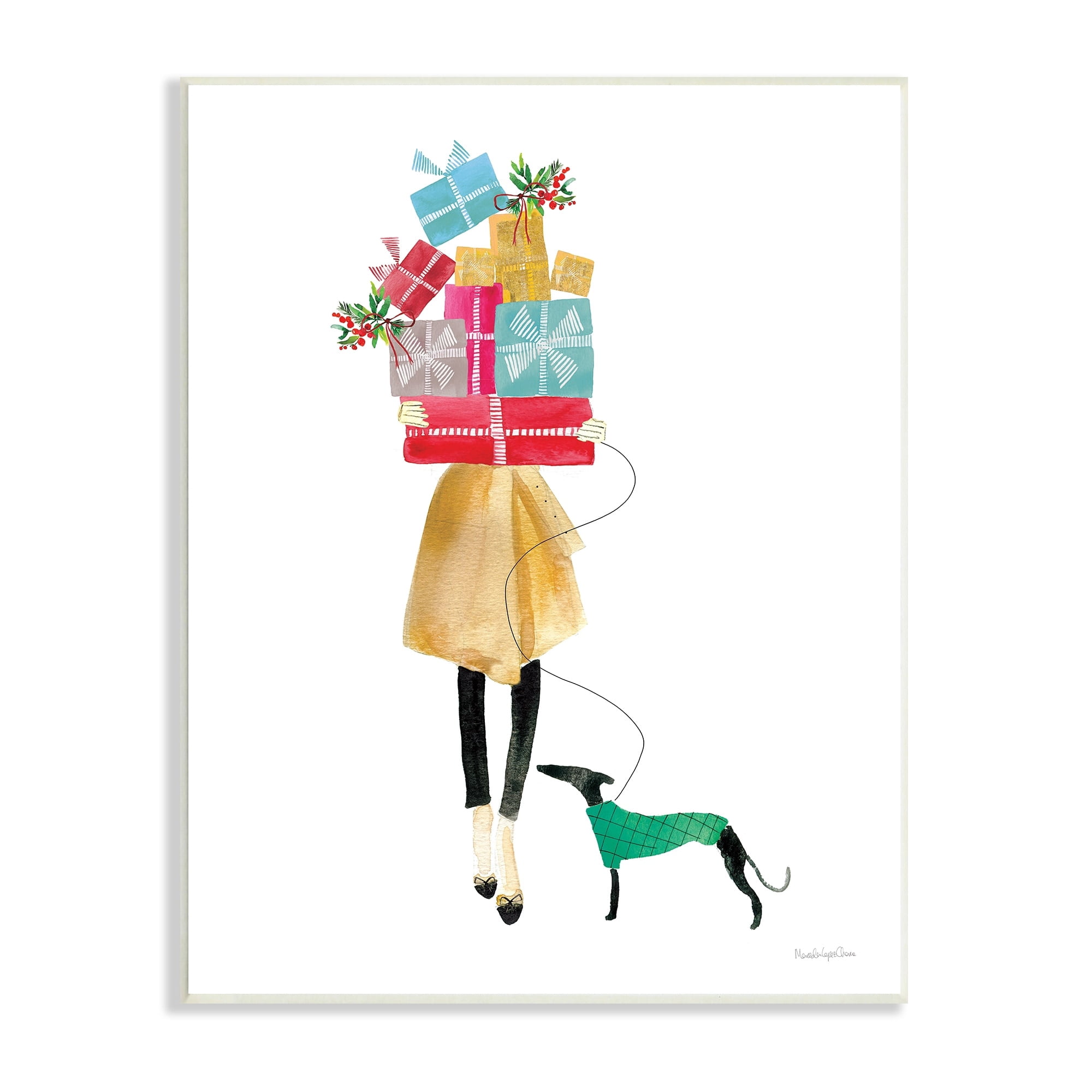 Cheerful Woman Holding Various Holiday Gifts & Dog Animals & Insects Painting Unframed Art Print Wall Art