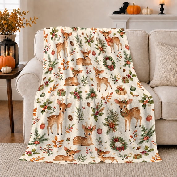 Cheerful Woodland Christmas Fawns Holiday Foliage, Festive Holiday Scene, Warm Flannel Blanket for Cabin and Lodge, Art Lovers Christmas Gift, Festive Home Decor