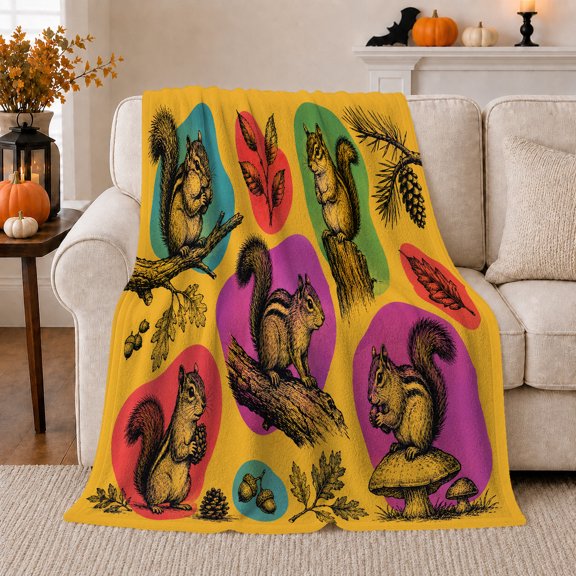 Cheerful Woodland Squirrel Design Pumpkin Patch Living Room, Dramatic Woodland Scene, Warm Flannel Blanket for Cabin and Lodge, Garden Lovers Thanksgiving Gift, Rustic Home Decor