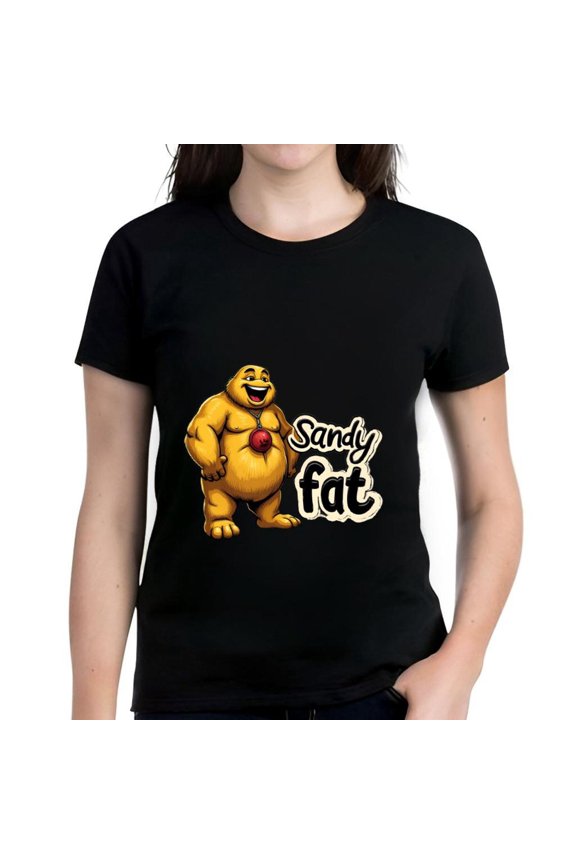 Cheerful Yellow Cartoon Character with Red Belly & Pendant - " Sandy Fat " Playful Design Cotton Short Sleeve T-Shirt