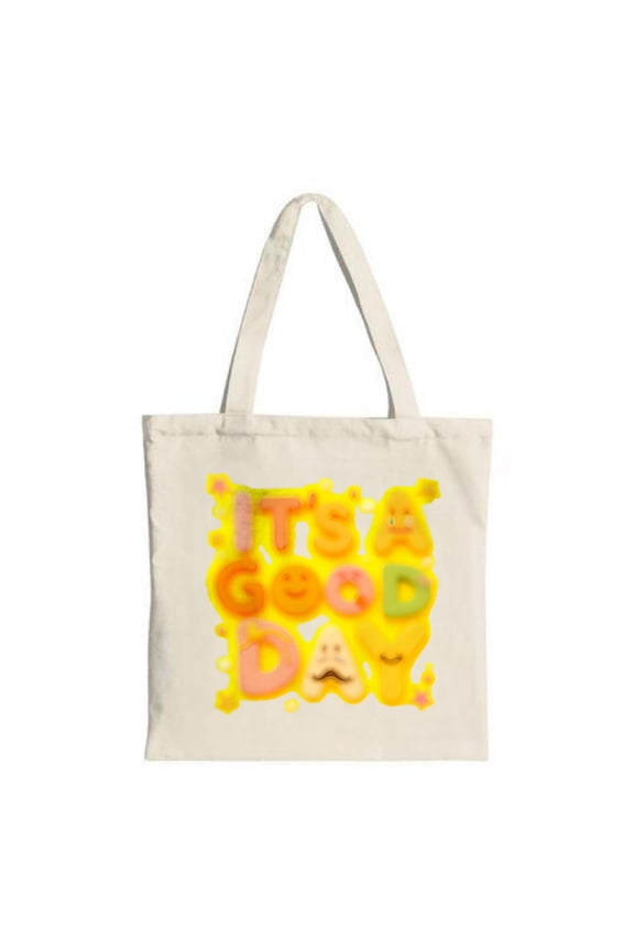 Cheerful Yellow Tote Bag with " IT ' S GOOD DAY " Text & Colorful Faces - Perfect for Shopping Travel & Parties