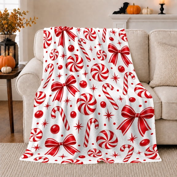 Cheerful decorative motif Cane Christmas, Festive Holiday Scene, Warm Flannel Blanket for Living Room and Reading Nook with Detailed Artwork, Art Lovers Christmas Gift, Festive Home Decor