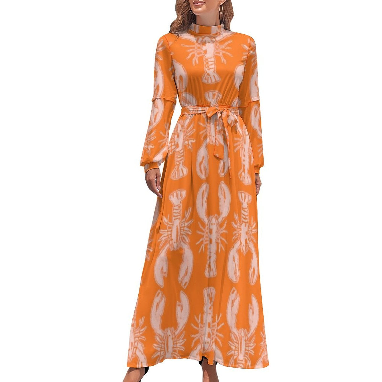Cheerful orange lobster print Long Dress summer dress woman 2024 womens