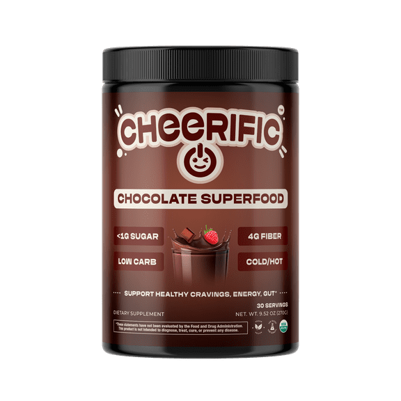 Cheerific Dark Chocolate Superfood Powder - 17 Organic Superfoods + Prebiotic & Probiotics +More- Keto Friendly - Supports Positive Mood, Gut Health +More- Vegan, Gluten Free, Non-GMO - 30 Day Supply