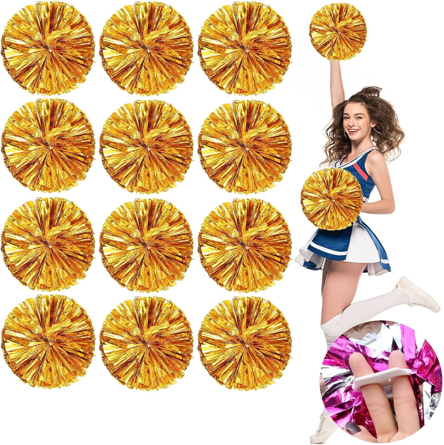 Cheering Hand Flowers, Cheerleading Pom Poms, Premium Metallic Pom Poms Set Cheering Hand Flowers Handle Dance Pom Poms Cheering Squad Pompoms for Football Basketball Cheers