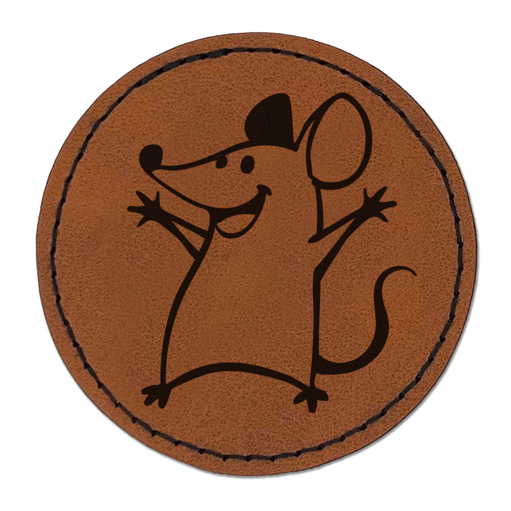 Cheering Happy Cartoon Mouse Round Iron-On Engraved Faux Leather Patch ...