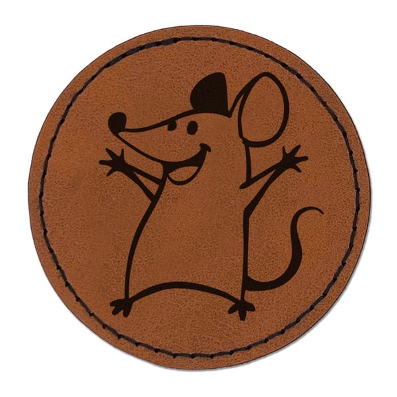 Cheering Happy Cartoon Mouse Round Iron-On Engraved Faux Leather Patch Applique - 2.5 Inch - Brown
