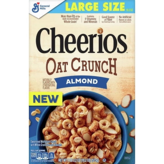 Cheerios Cereal, Almond, Oat Crunch, Large Size, 18.2 oz, Quantity of 8