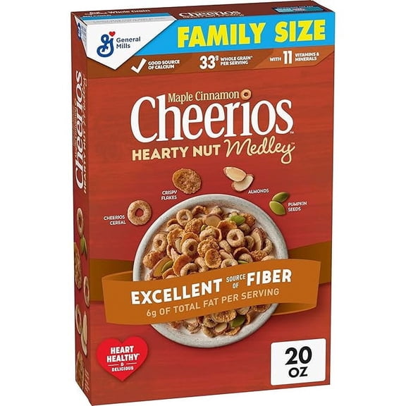 Cheerios Hearty Nut Medley Breakfast Cereal, Maple Cinnamon Flavored, Made With Whole Grain, Family Size, 20 oz