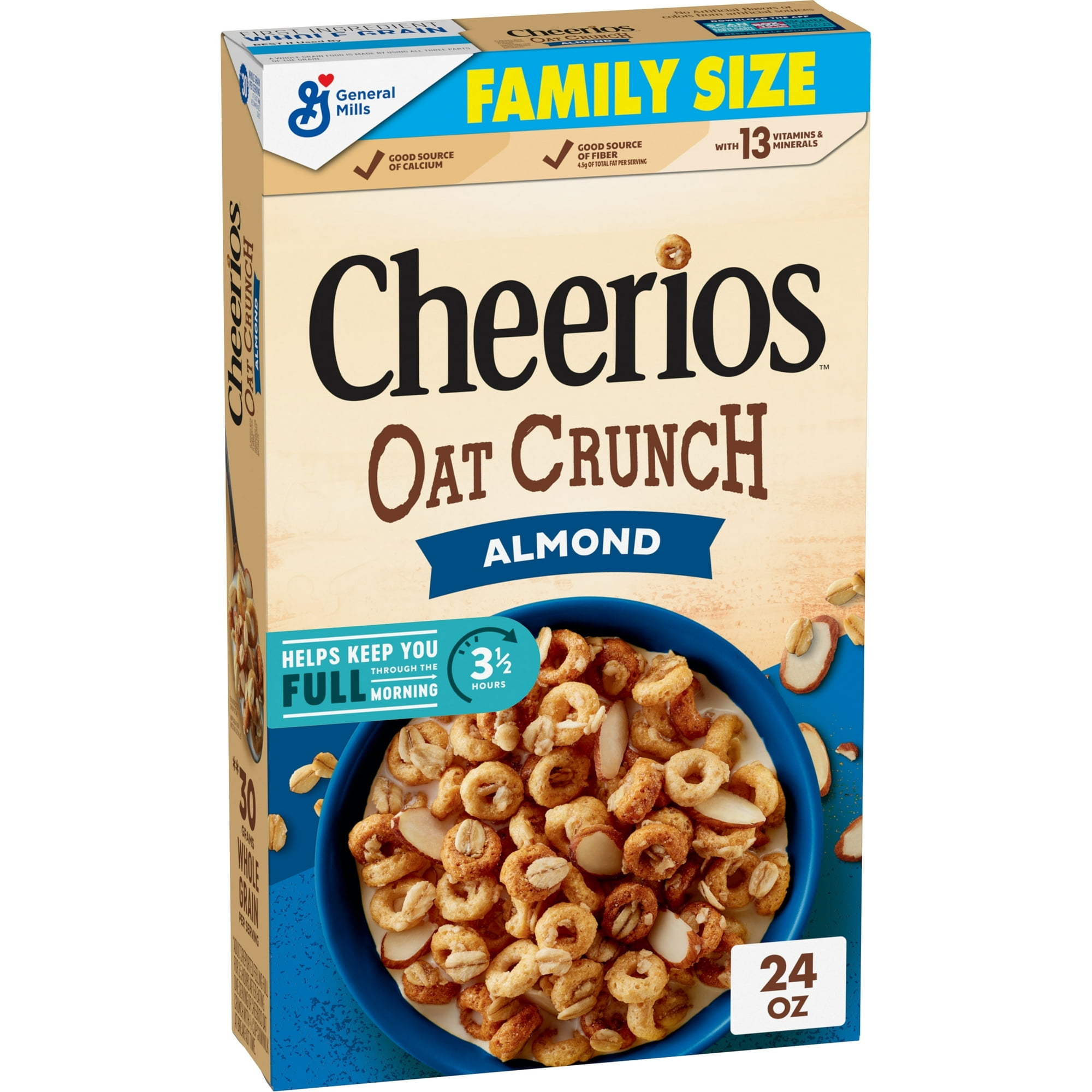 Cheerios Oat Crunch Almond Oat Breakfast Cereal, Family Size, 24 oz (Pack 6)