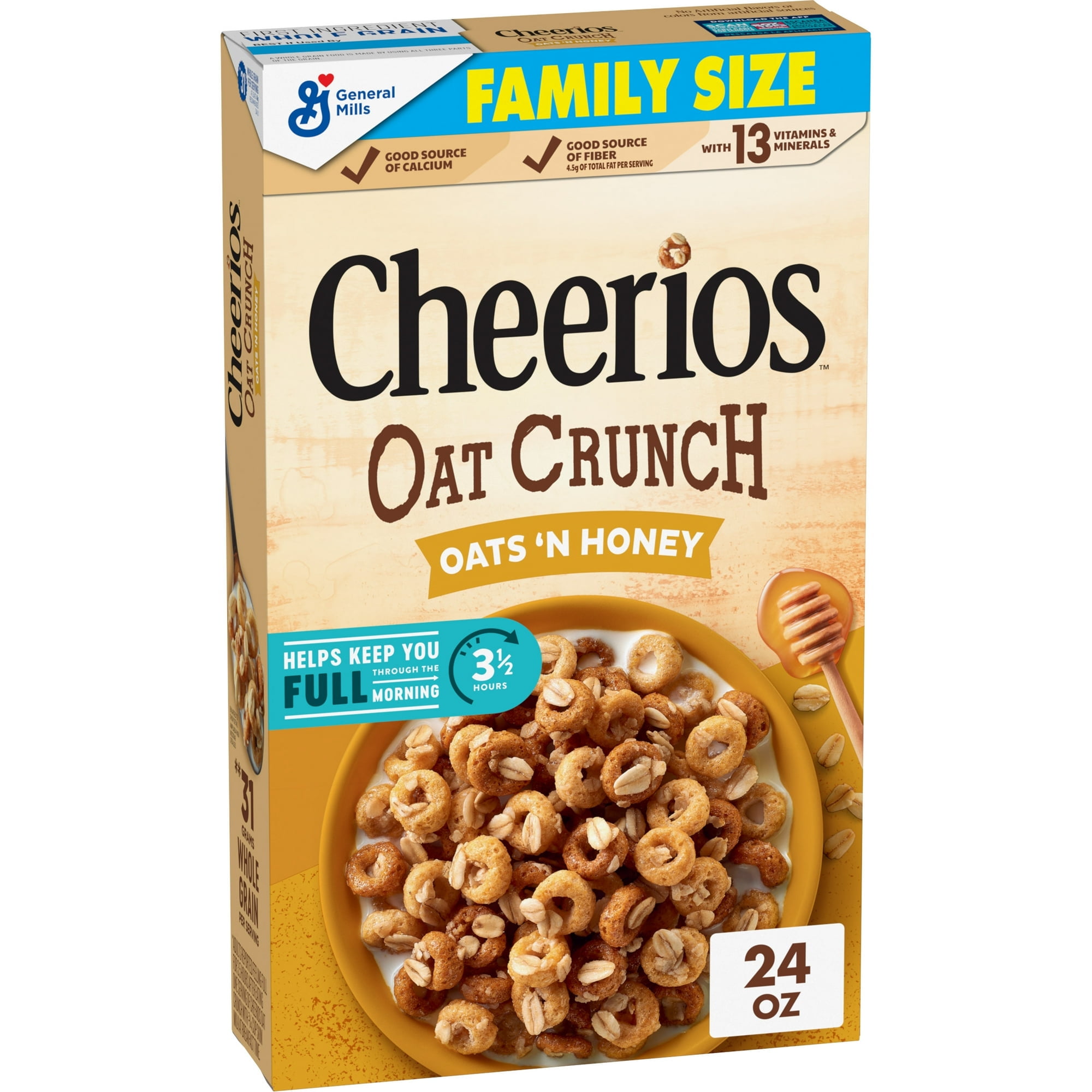 Cheerios Oat Crunch Oats & Honey Oat Breakfast Cereal, Family Size, 24 oz (Pack 4)