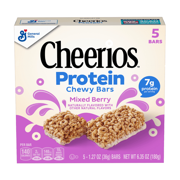 PR General Mills Cheerios Mixed Berry Protein Snack Bar, 6.35oz, Shelf Stable, Cardboard Box