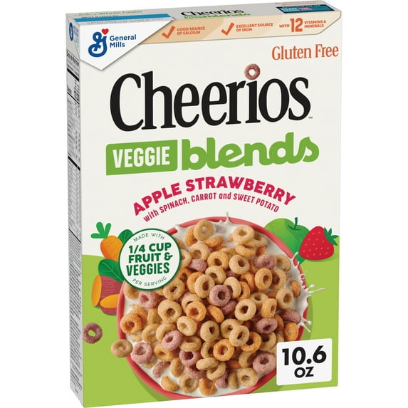 Cheerios Crunchy Veggie Blends Breakfast Cereal, Apple Strawberry Flavored, 10.6 oz, Cardboard Box